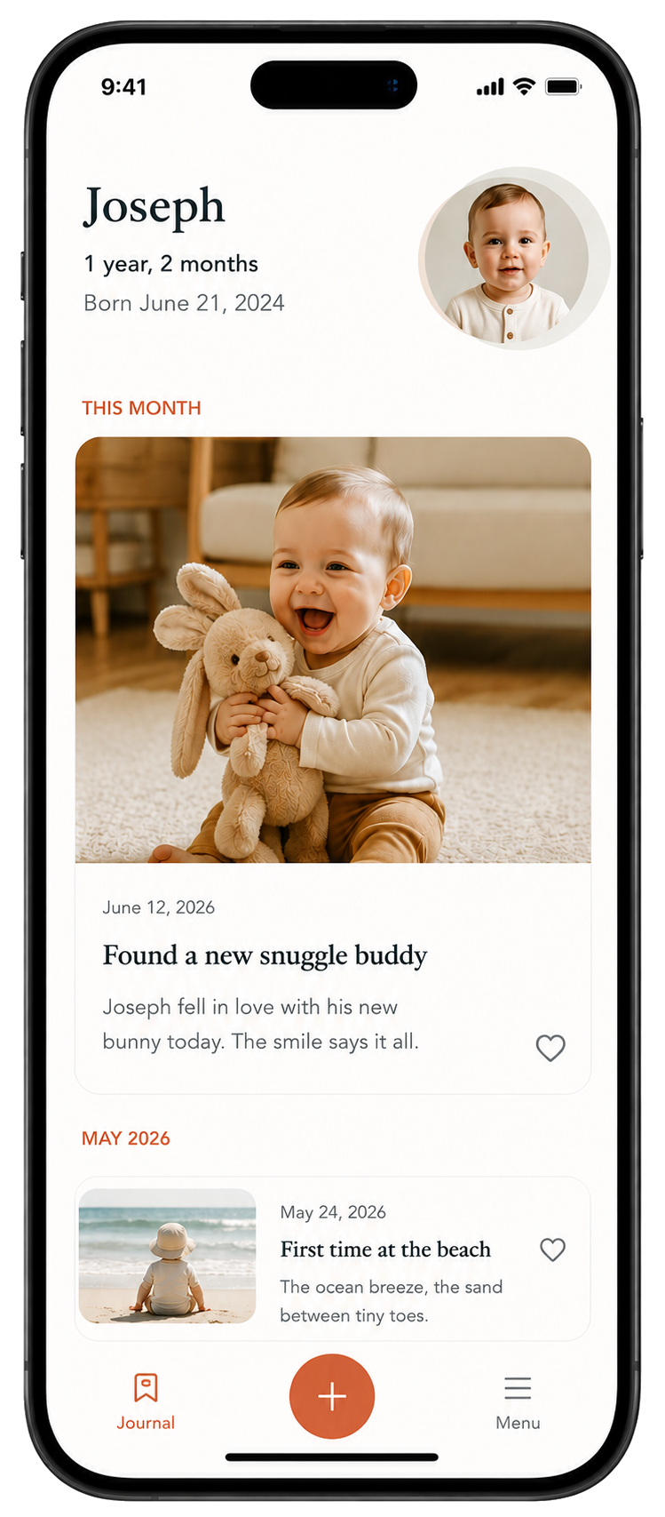 Baby Steps app showing Joseph's memory journal