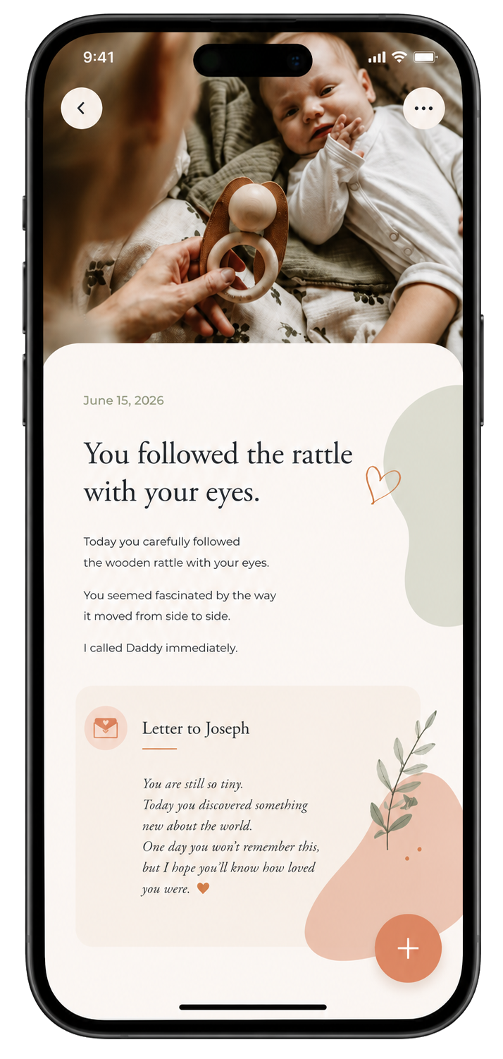 Baby Steps app showing a letter and memory entry